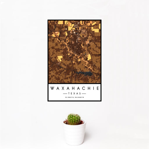 12x18 Waxahachie Texas Map Print Portrait Orientation in Ember Style With Small Cactus Plant in White Planter