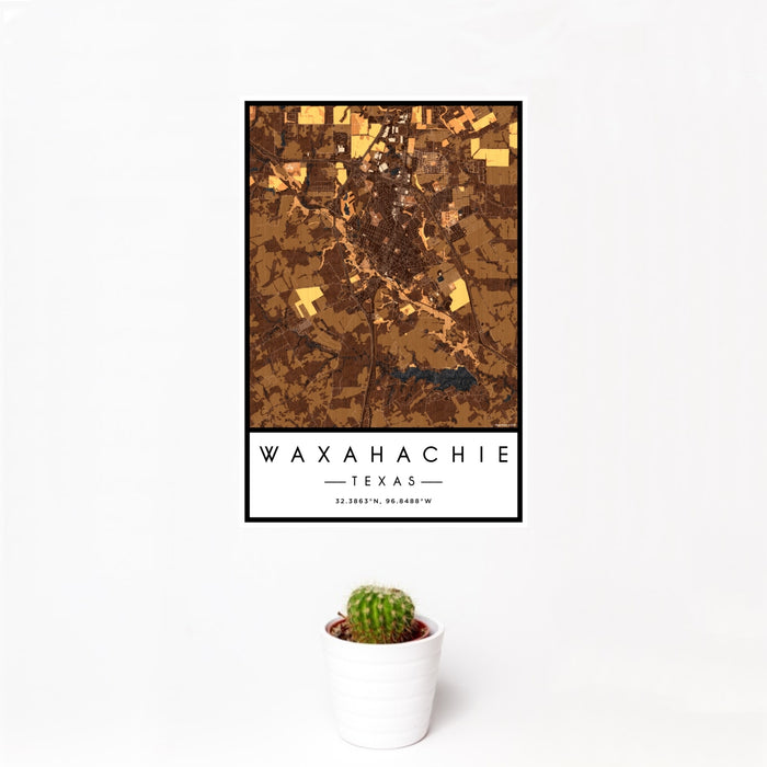 12x18 Waxahachie Texas Map Print Portrait Orientation in Ember Style With Small Cactus Plant in White Planter