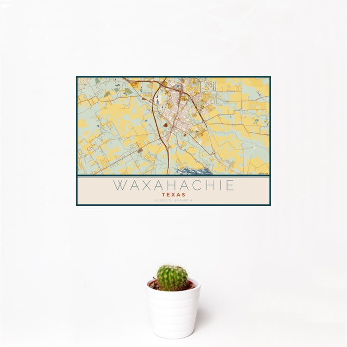 12x18 Waxahachie Texas Map Print Landscape Orientation in Woodblock Style With Small Cactus Plant in White Planter