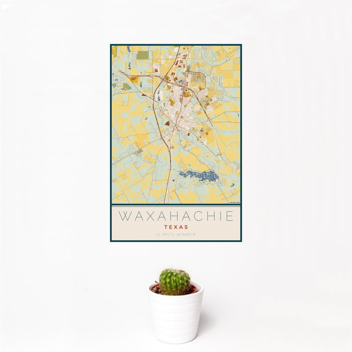 12x18 Waxahachie Texas Map Print Portrait Orientation in Woodblock Style With Small Cactus Plant in White Planter