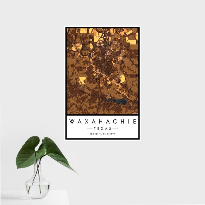 16x24 Waxahachie Texas Map Print Portrait Orientation in Ember Style With Tropical Plant Leaves in Water