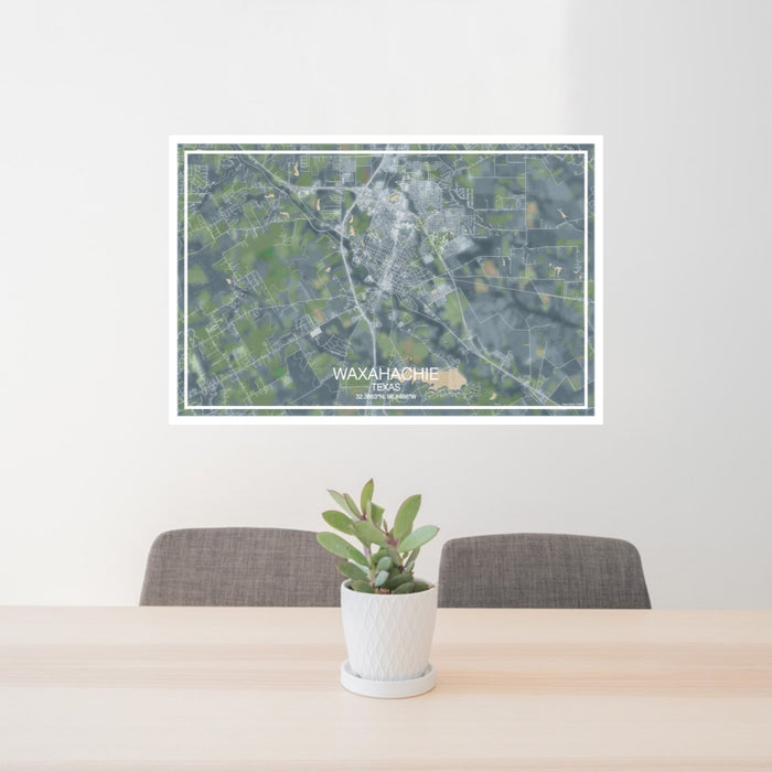 24x36 Waxahachie Texas Map Print Landscape Orientation in Afternoon Style Behind 2 Chairs Table and Potted Plant