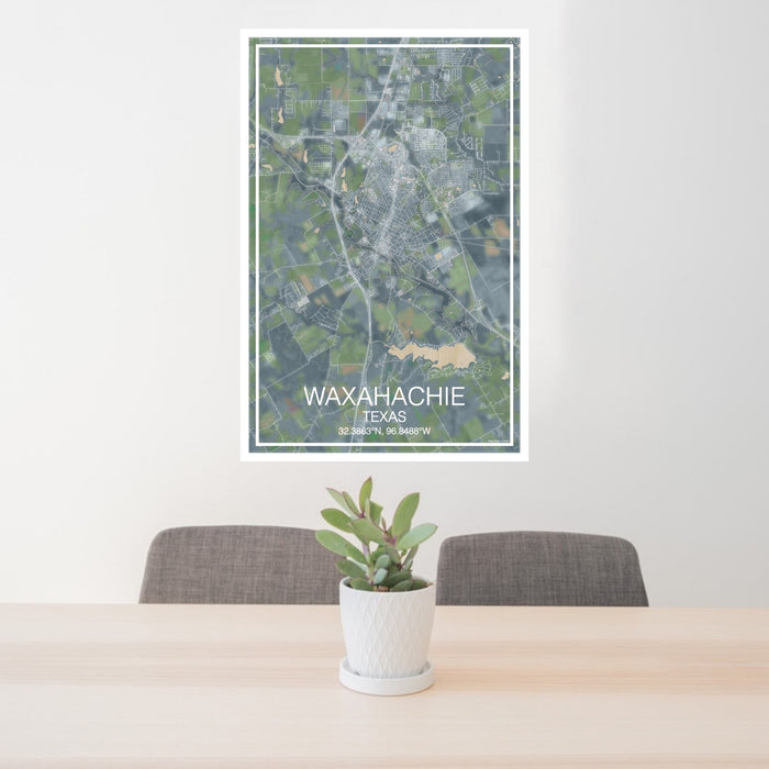 24x36 Waxahachie Texas Map Print Portrait Orientation in Afternoon Style Behind 2 Chairs Table and Potted Plant