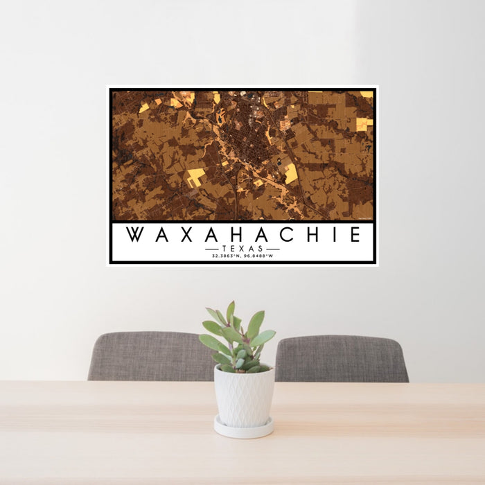 24x36 Waxahachie Texas Map Print Landscape Orientation in Ember Style Behind 2 Chairs Table and Potted Plant