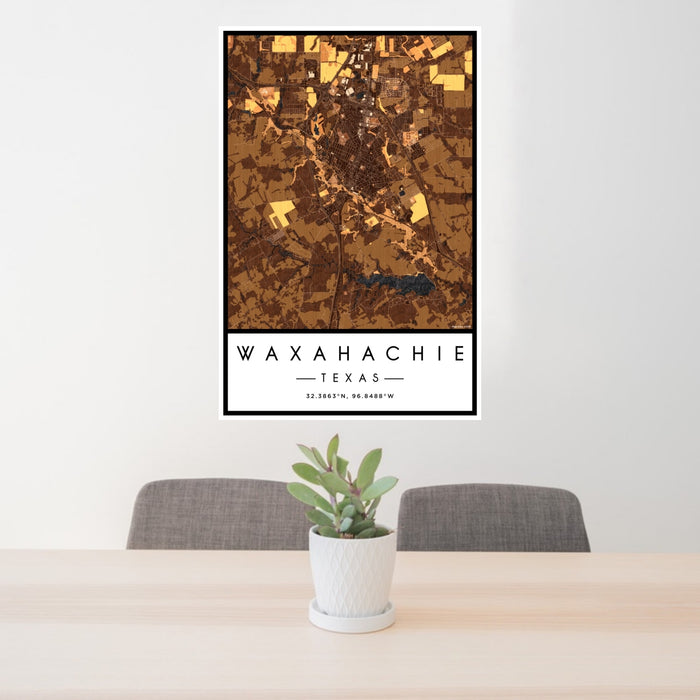 24x36 Waxahachie Texas Map Print Portrait Orientation in Ember Style Behind 2 Chairs Table and Potted Plant