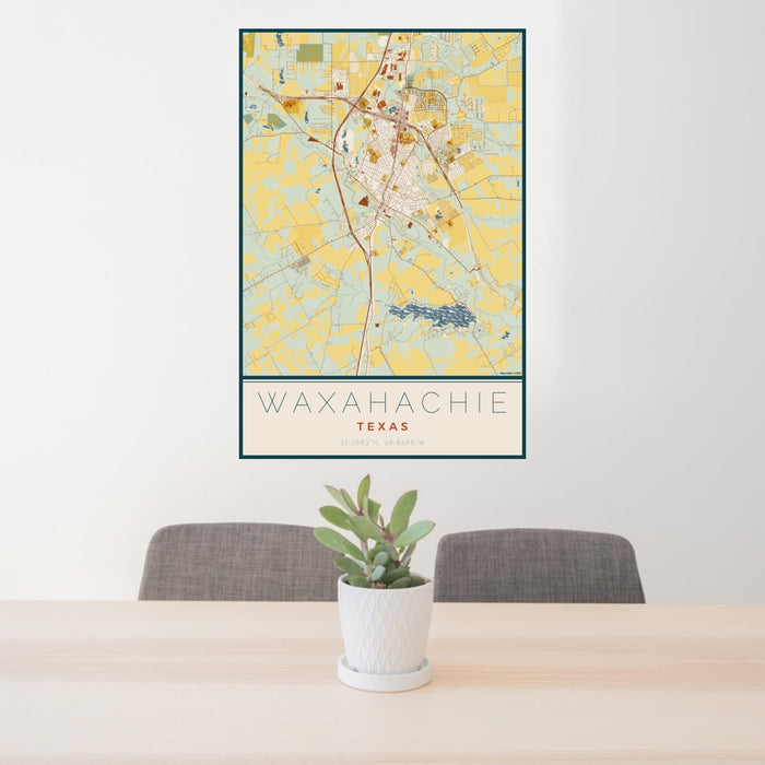 24x36 Waxahachie Texas Map Print Portrait Orientation in Woodblock Style Behind 2 Chairs Table and Potted Plant