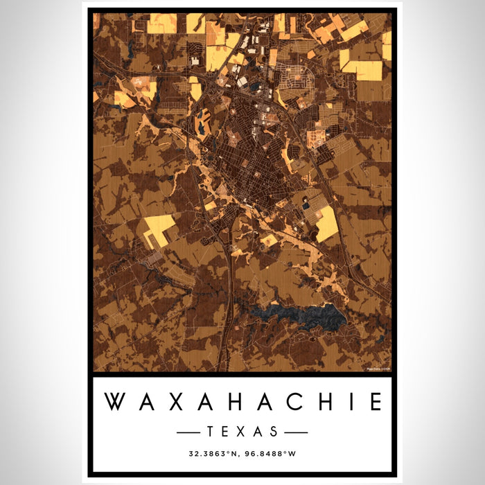 Waxahachie Texas Map Print Portrait Orientation in Ember Style With Shaded Background