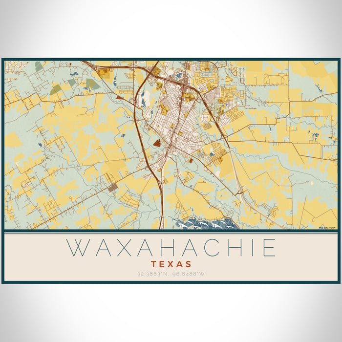 Waxahachie Texas Map Print Landscape Orientation in Woodblock Style With Shaded Background