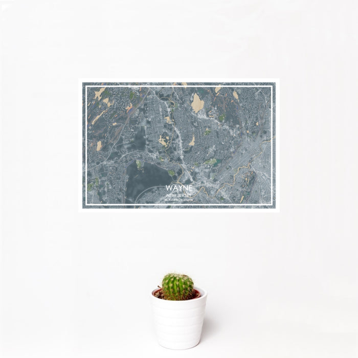 12x18 Wayne New Jersey Map Print Landscape Orientation in Afternoon Style With Small Cactus Plant in White Planter