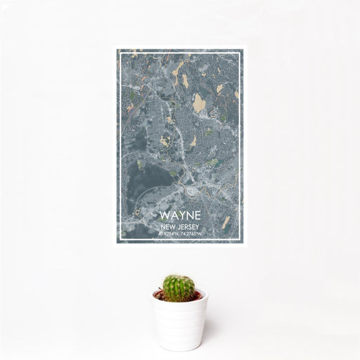 12x18 Wayne New Jersey Map Print Portrait Orientation in Afternoon Style With Small Cactus Plant in White Planter