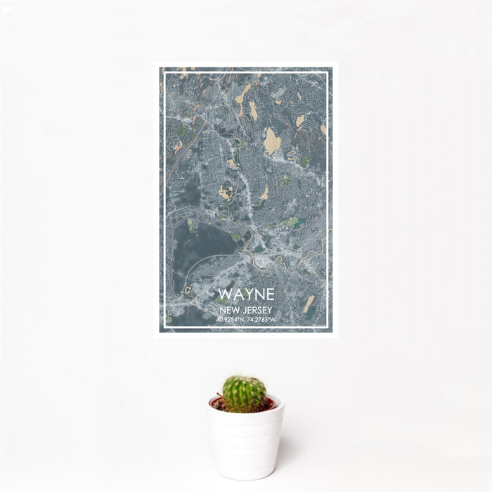 12x18 Wayne New Jersey Map Print Portrait Orientation in Afternoon Style With Small Cactus Plant in White Planter