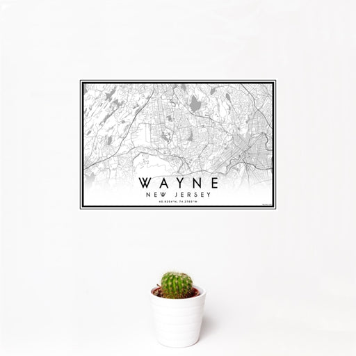 12x18 Wayne New Jersey Map Print Landscape Orientation in Classic Style With Small Cactus Plant in White Planter