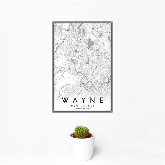 12x18 Wayne New Jersey Map Print Portrait Orientation in Classic Style With Small Cactus Plant in White Planter