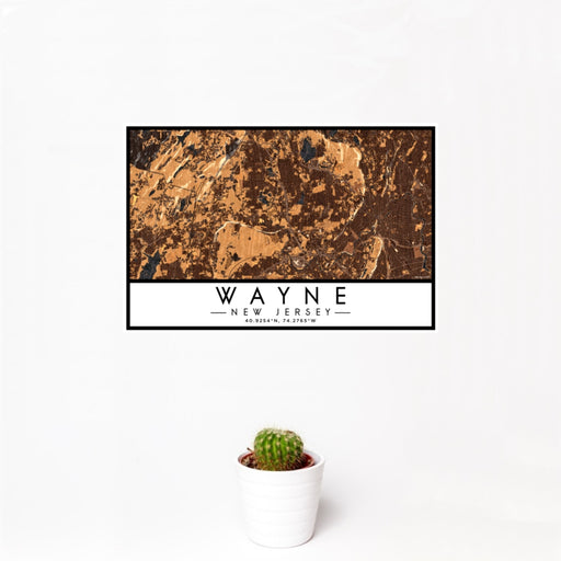 12x18 Wayne New Jersey Map Print Landscape Orientation in Ember Style With Small Cactus Plant in White Planter