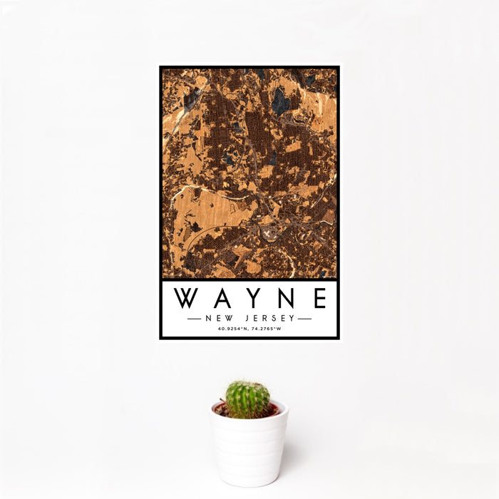 12x18 Wayne New Jersey Map Print Portrait Orientation in Ember Style With Small Cactus Plant in White Planter