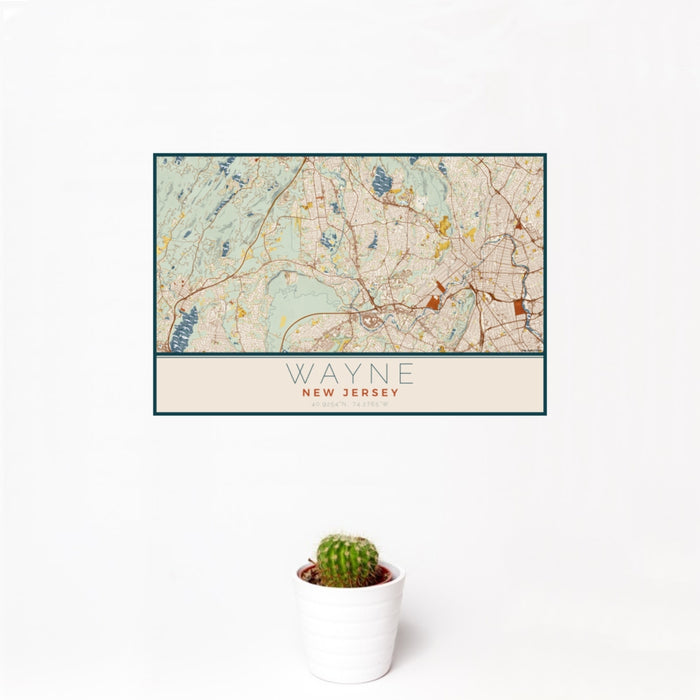 12x18 Wayne New Jersey Map Print Landscape Orientation in Woodblock Style With Small Cactus Plant in White Planter