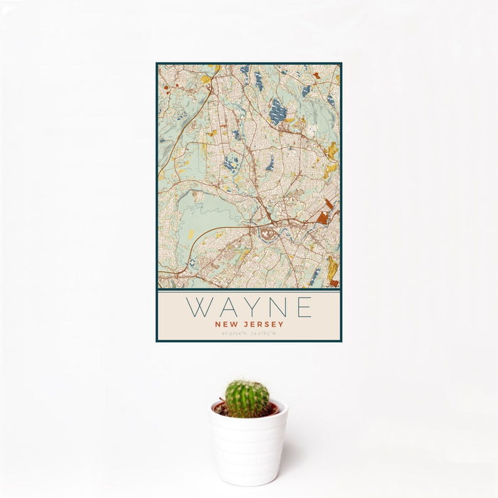 12x18 Wayne New Jersey Map Print Portrait Orientation in Woodblock Style With Small Cactus Plant in White Planter