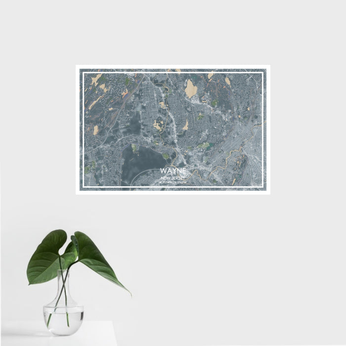 16x24 Wayne New Jersey Map Print Landscape Orientation in Afternoon Style With Tropical Plant Leaves in Water