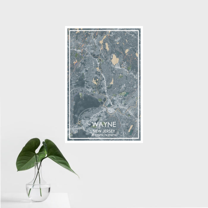 16x24 Wayne New Jersey Map Print Portrait Orientation in Afternoon Style With Tropical Plant Leaves in Water