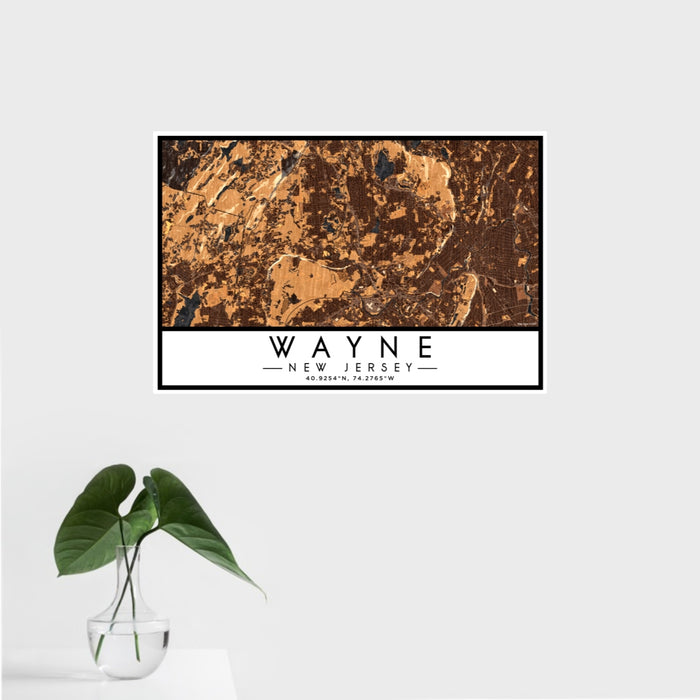 16x24 Wayne New Jersey Map Print Landscape Orientation in Ember Style With Tropical Plant Leaves in Water