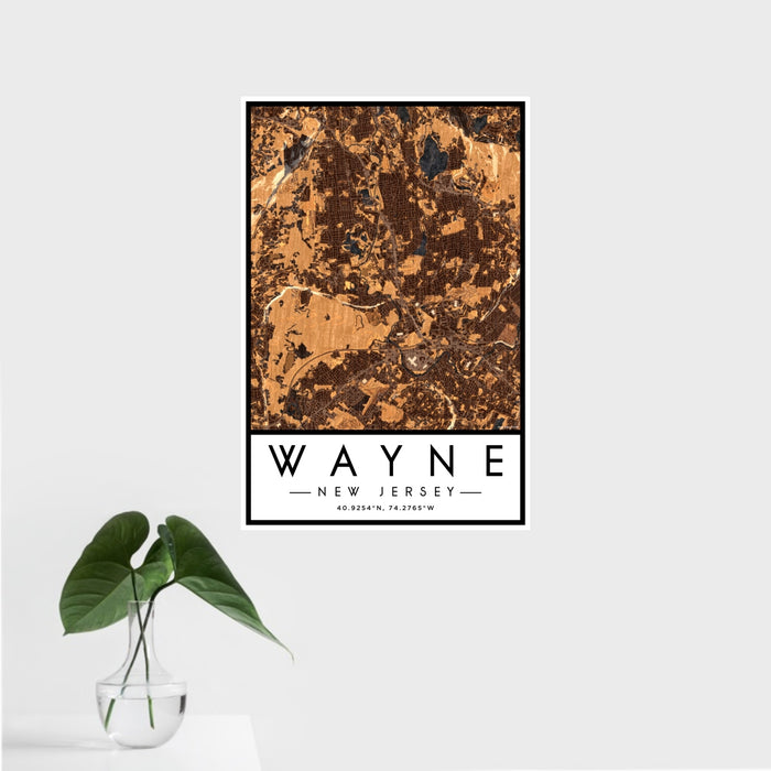 16x24 Wayne New Jersey Map Print Portrait Orientation in Ember Style With Tropical Plant Leaves in Water