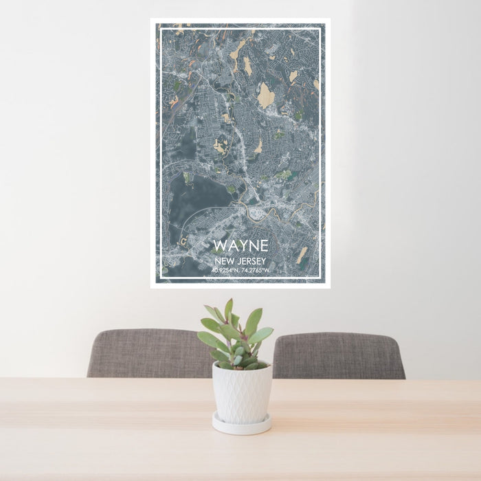 24x36 Wayne New Jersey Map Print Portrait Orientation in Afternoon Style Behind 2 Chairs Table and Potted Plant