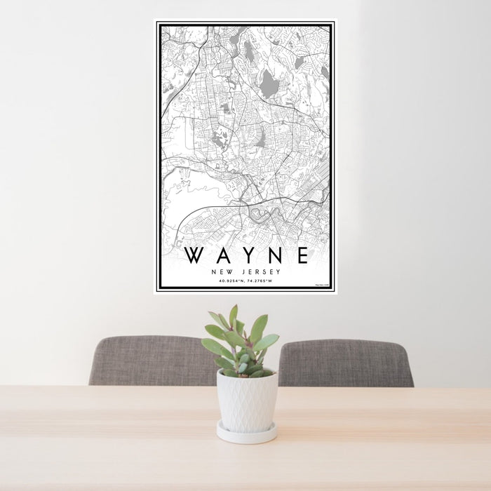 24x36 Wayne New Jersey Map Print Portrait Orientation in Classic Style Behind 2 Chairs Table and Potted Plant