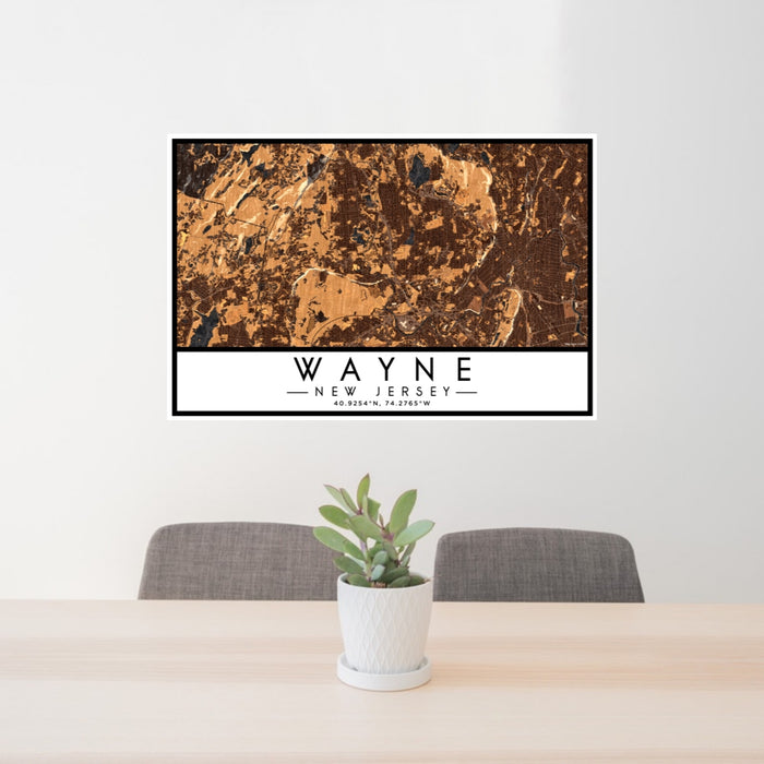 24x36 Wayne New Jersey Map Print Lanscape Orientation in Ember Style Behind 2 Chairs Table and Potted Plant