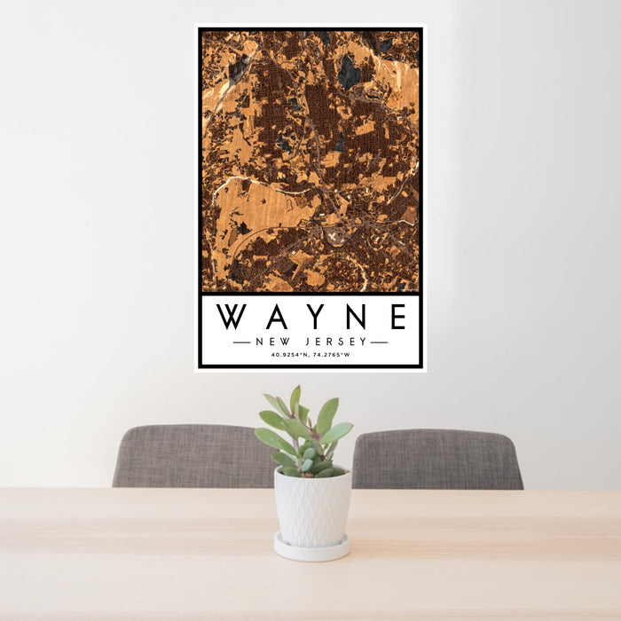 24x36 Wayne New Jersey Map Print Portrait Orientation in Ember Style Behind 2 Chairs Table and Potted Plant