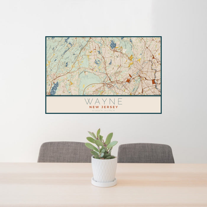 24x36 Wayne New Jersey Map Print Lanscape Orientation in Woodblock Style Behind 2 Chairs Table and Potted Plant