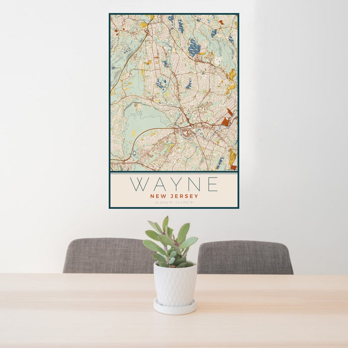 24x36 Wayne New Jersey Map Print Portrait Orientation in Woodblock Style Behind 2 Chairs Table and Potted Plant