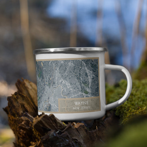 Right View Custom Wayne New Jersey Map Enamel Mug in Afternoon on Grass With Trees in Background