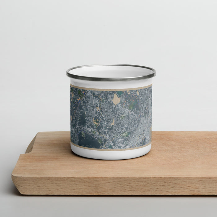 Front View Custom Wayne New Jersey Map Enamel Mug in Afternoon on Cutting Board