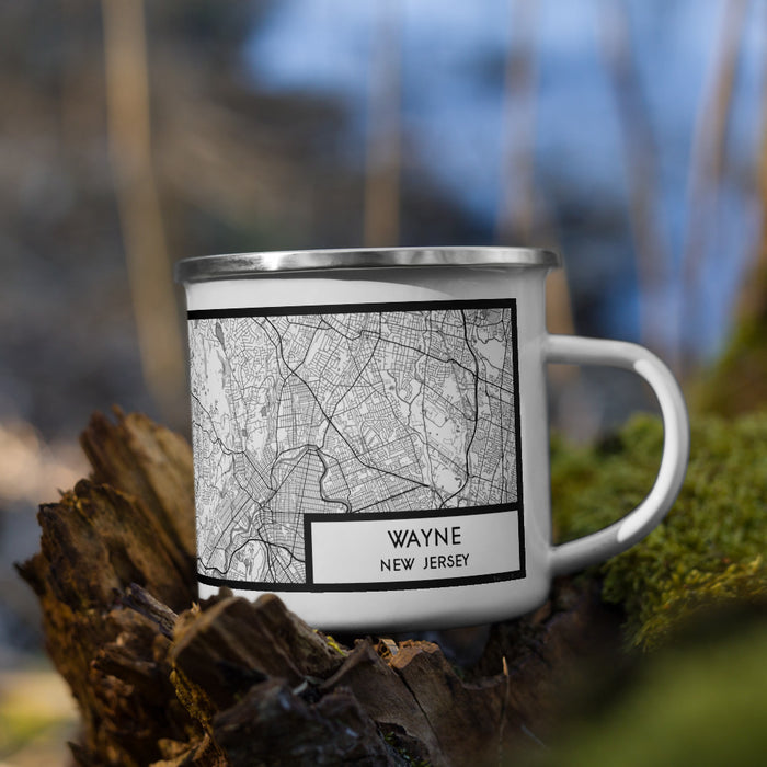 Right View Custom Wayne New Jersey Map Enamel Mug in Classic on Grass With Trees in Background