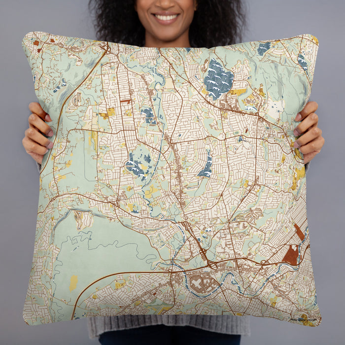 Person holding 22x22 Custom Wayne New Jersey Map Throw Pillow in Woodblock