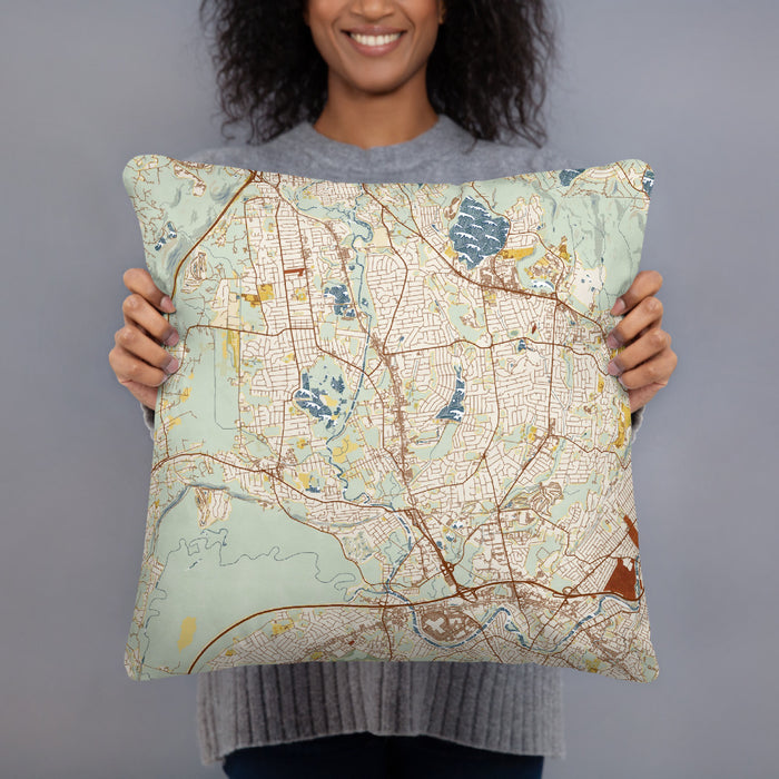 Person holding 18x18 Custom Wayne New Jersey Map Throw Pillow in Woodblock