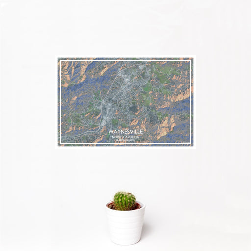 12x18 Waynesville North Carolina Map Print Landscape Orientation in Afternoon Style With Small Cactus Plant in White Planter