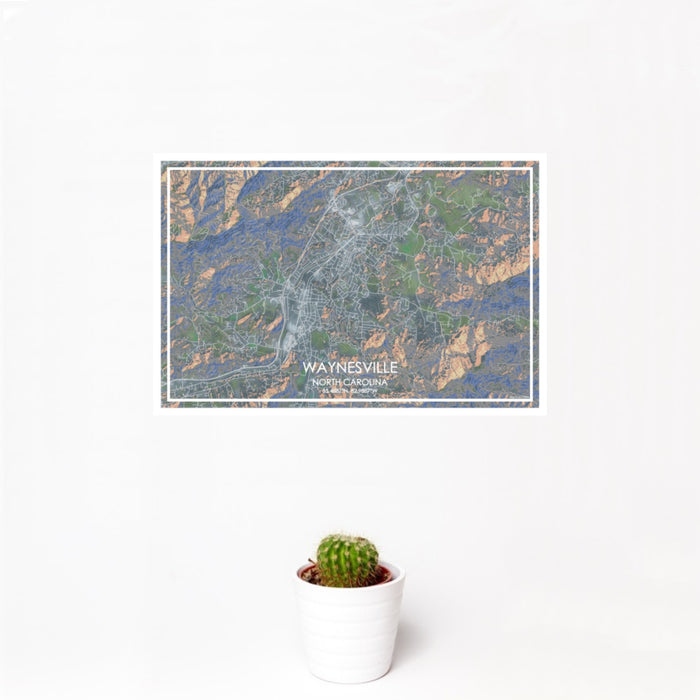 12x18 Waynesville North Carolina Map Print Landscape Orientation in Afternoon Style With Small Cactus Plant in White Planter