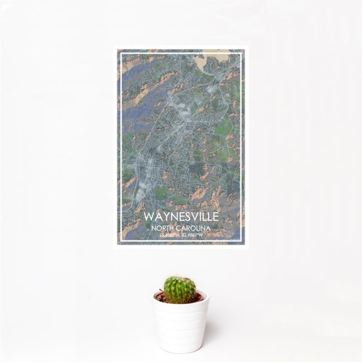 12x18 Waynesville North Carolina Map Print Portrait Orientation in Afternoon Style With Small Cactus Plant in White Planter
