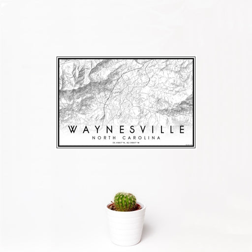 12x18 Waynesville North Carolina Map Print Landscape Orientation in Classic Style With Small Cactus Plant in White Planter