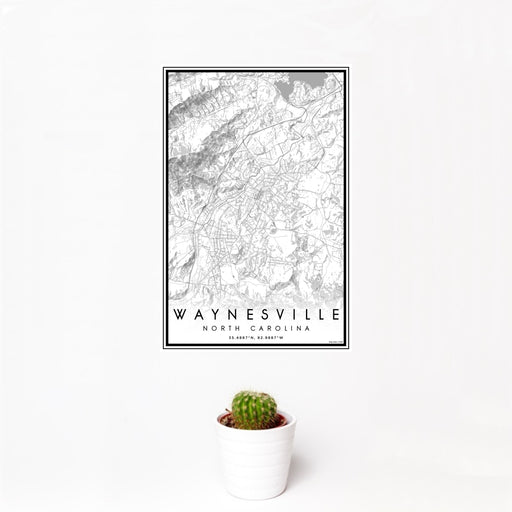 12x18 Waynesville North Carolina Map Print Portrait Orientation in Classic Style With Small Cactus Plant in White Planter