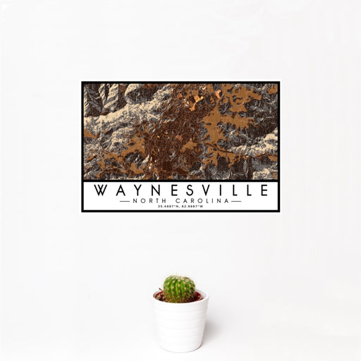 12x18 Waynesville North Carolina Map Print Landscape Orientation in Ember Style With Small Cactus Plant in White Planter