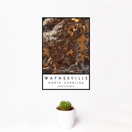 12x18 Waynesville North Carolina Map Print Portrait Orientation in Ember Style With Small Cactus Plant in White Planter