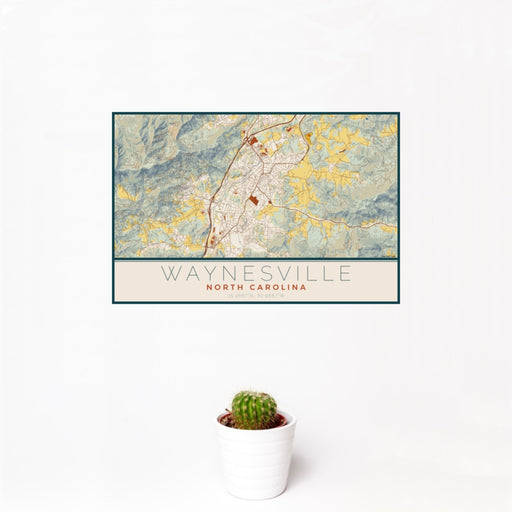 12x18 Waynesville North Carolina Map Print Landscape Orientation in Woodblock Style With Small Cactus Plant in White Planter