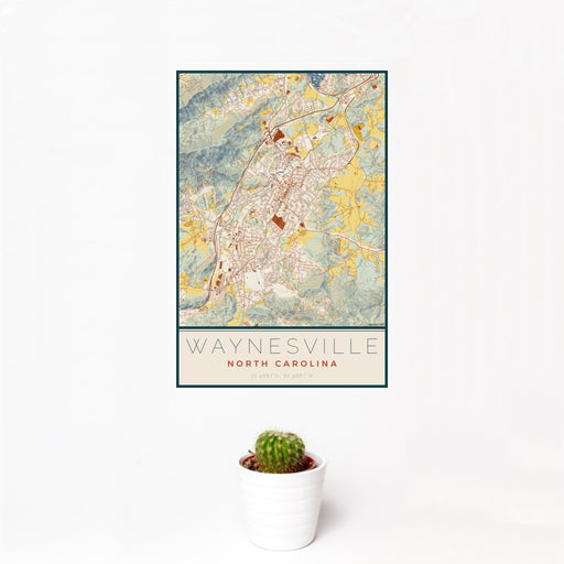 12x18 Waynesville North Carolina Map Print Portrait Orientation in Woodblock Style With Small Cactus Plant in White Planter