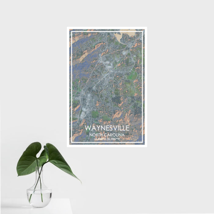 16x24 Waynesville North Carolina Map Print Portrait Orientation in Afternoon Style With Tropical Plant Leaves in Water