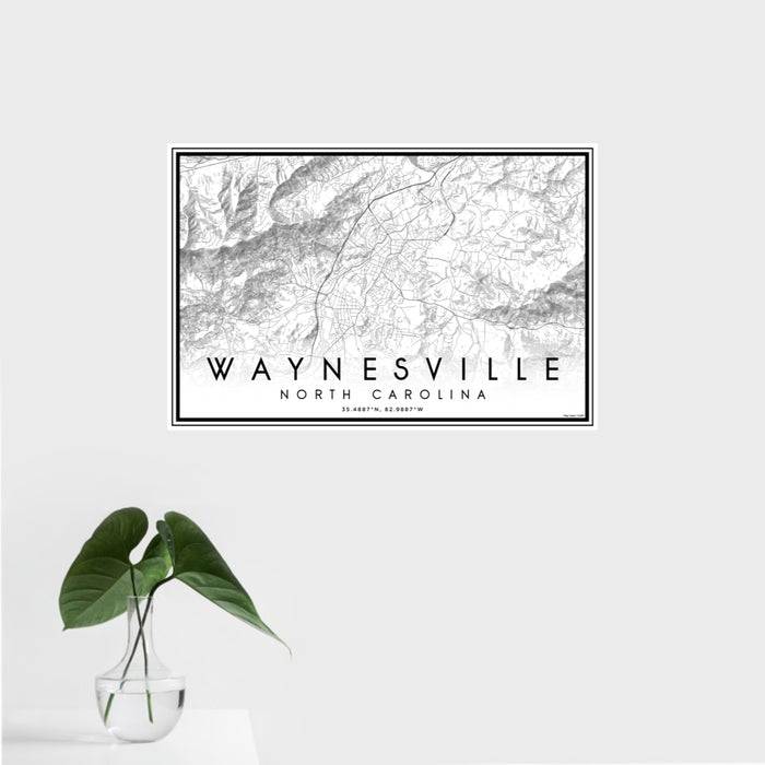 16x24 Waynesville North Carolina Map Print Landscape Orientation in Classic Style With Tropical Plant Leaves in Water
