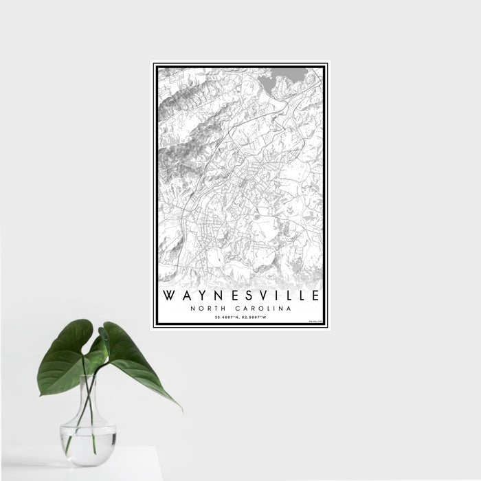 16x24 Waynesville North Carolina Map Print Portrait Orientation in Classic Style With Tropical Plant Leaves in Water