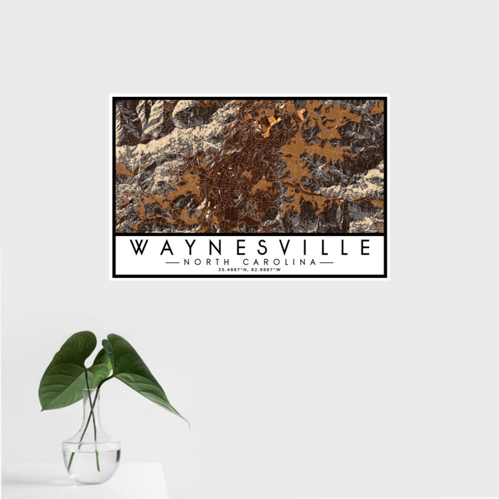 16x24 Waynesville North Carolina Map Print Landscape Orientation in Ember Style With Tropical Plant Leaves in Water