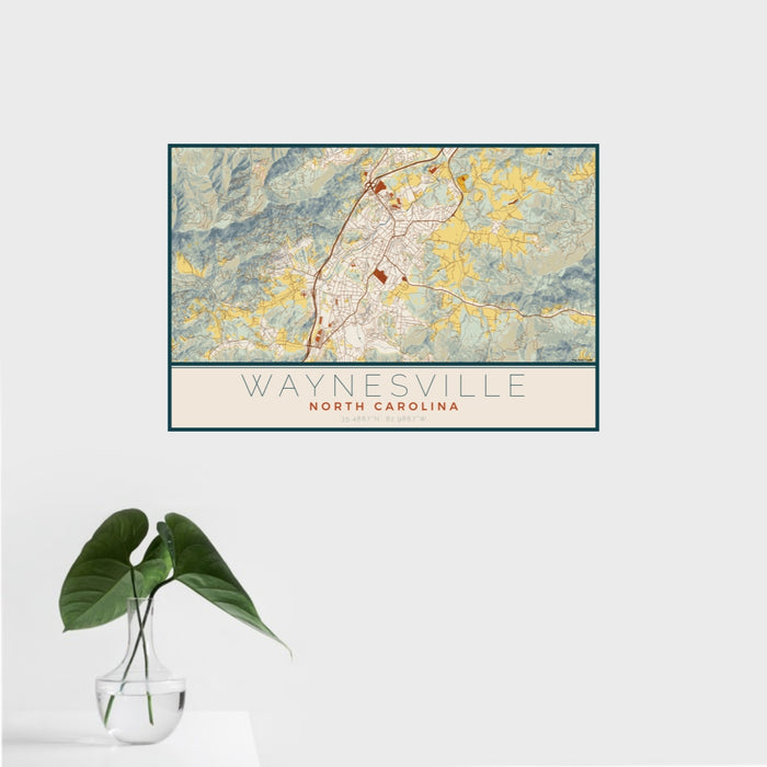 16x24 Waynesville North Carolina Map Print Landscape Orientation in Woodblock Style With Tropical Plant Leaves in Water